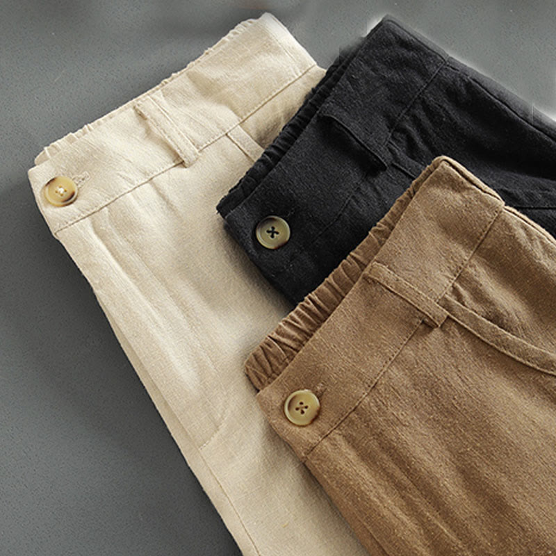 Pantalon en lin pour femme avec poches et boutons couleur pure Buddha Stones - image 16