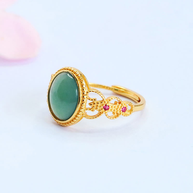 Bague porte-bonheur en jade et argent sterling 925 plaqué or, Buddha Stones naturelles - image 1