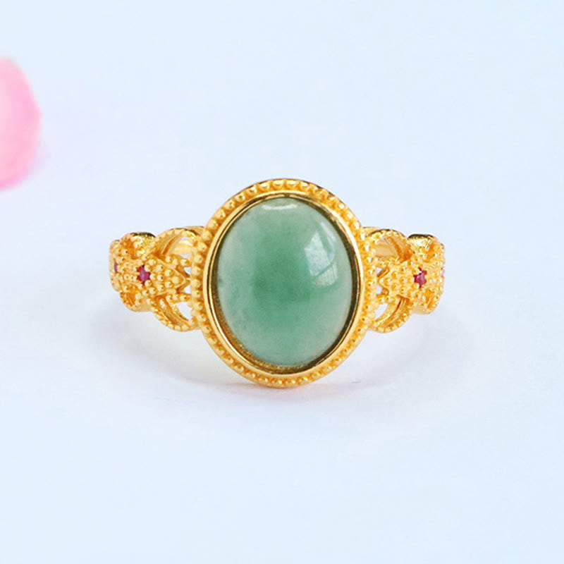 Bague porte-bonheur en jade et argent sterling 925 plaqué or, Buddha Stones naturelles - Jade - image 1