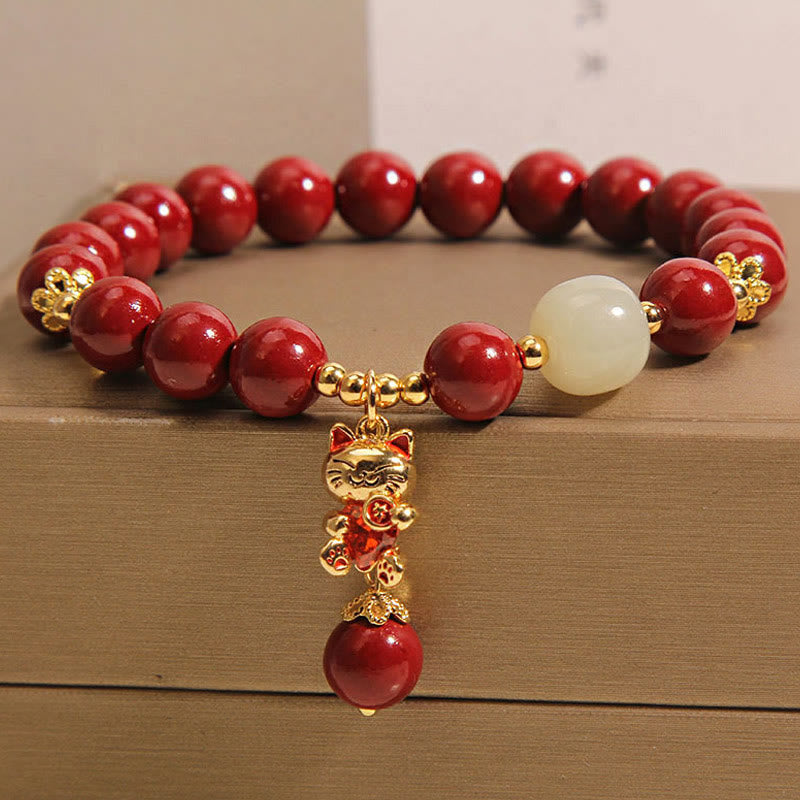 Bracelet de bénédiction en cinabre avec pendentif chat porte-bonheur naturel en Buddha Stones - image 2