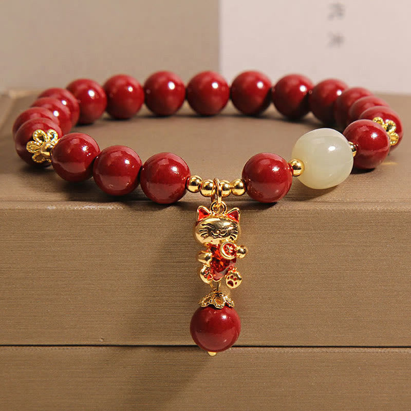 Bracelet de bénédiction en cinabre avec pendentif chat porte-bonheur naturel en Buddha Stones - Cinabre (tour de poignet : 16-18 cm) - image 1