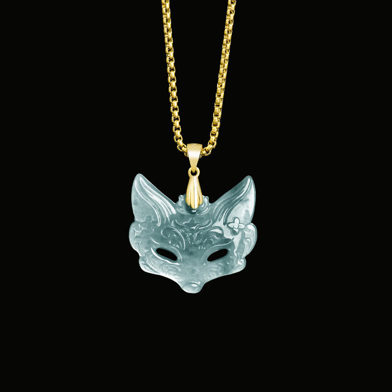 Buddha Stones Collier pendentif porte-bonheur en acier titane et jade avec masque de renard - Jade (petit) - image 9