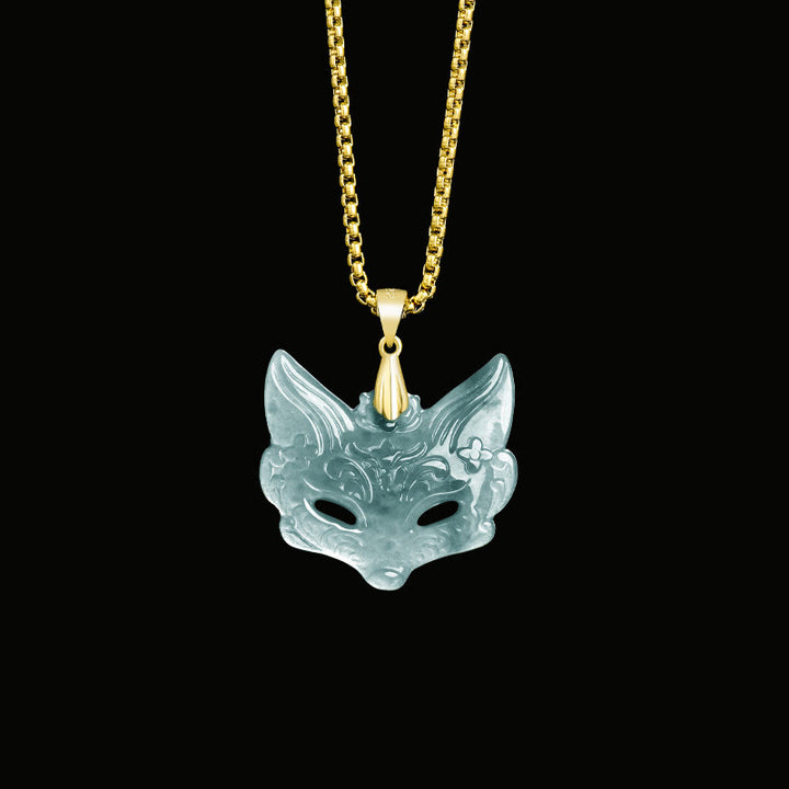 Buddha Stones Collier pendentif porte-bonheur en acier titane et jade avec masque de renard - Jade (petit) - image 9