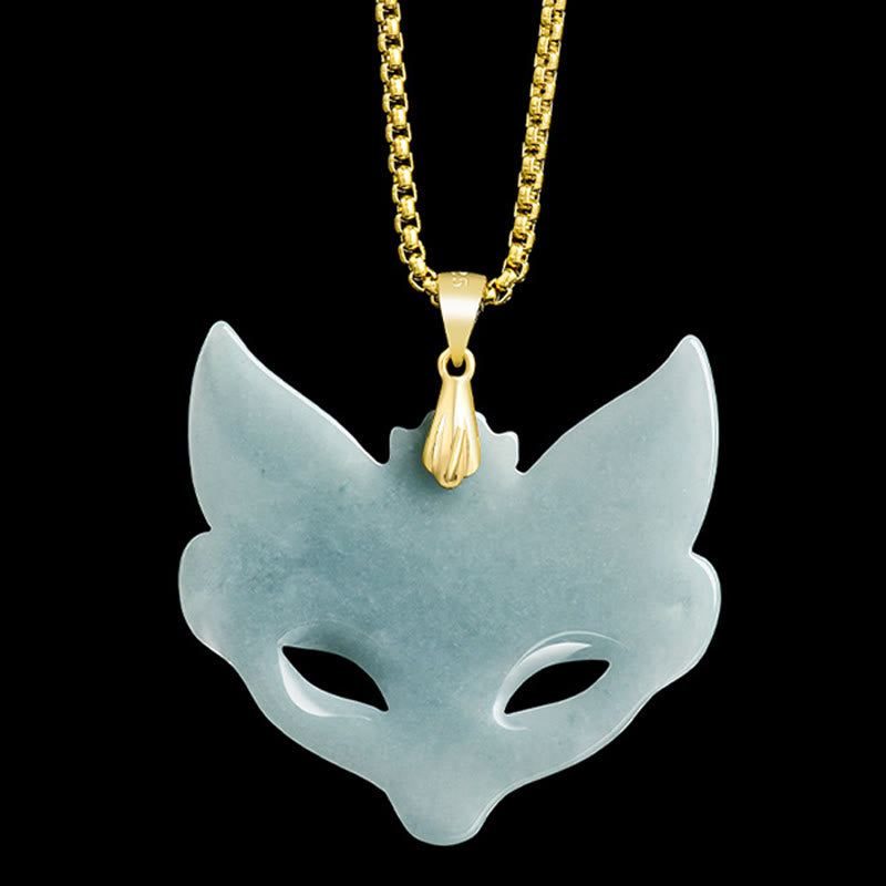 Buddha Stones Collier pendentif porte-bonheur en acier titane et jade avec masque de renard - image 2