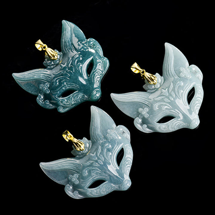 Buddha Stones Collier pendentif porte-bonheur en acier titane et jade avec masque de renard - image 11