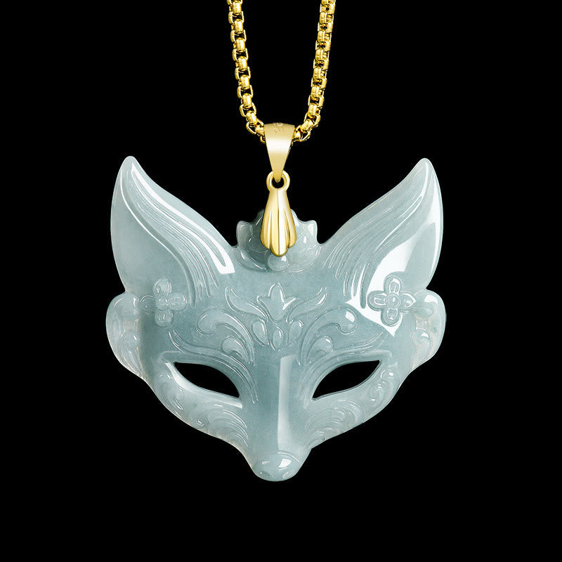 Buddha Stones Collier pendentif porte-bonheur en acier titane et jade avec masque de renard - Jade (grand) - image 1