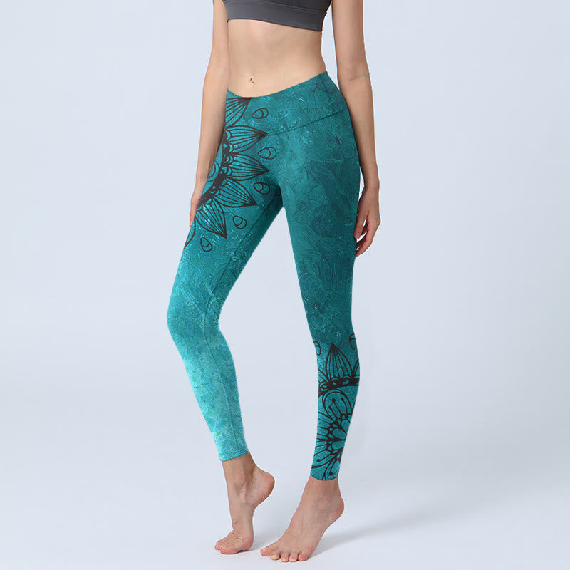 Leggings de sport à imprimé Buddha Stones, tournesols verts et fleurs, pantalons de yoga pour femmes - CadetBlue - US18，UK/AU22，EU50 (4XL) - image 1