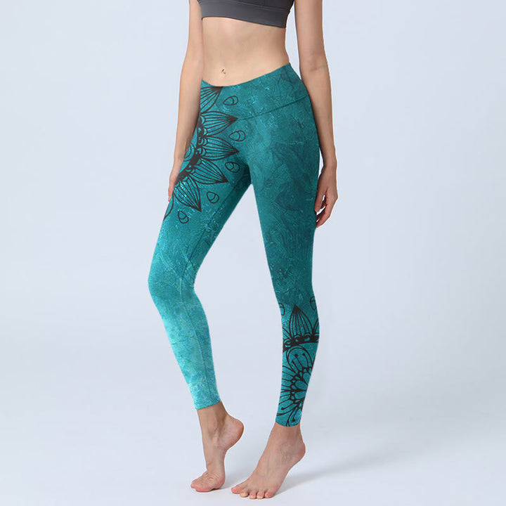 Leggings de sport à imprimé Buddha Stones, tournesols verts et fleurs, pantalons de yoga pour femmes - CadetBlue - US18，UK/AU22，EU50 (4XL) - image 0