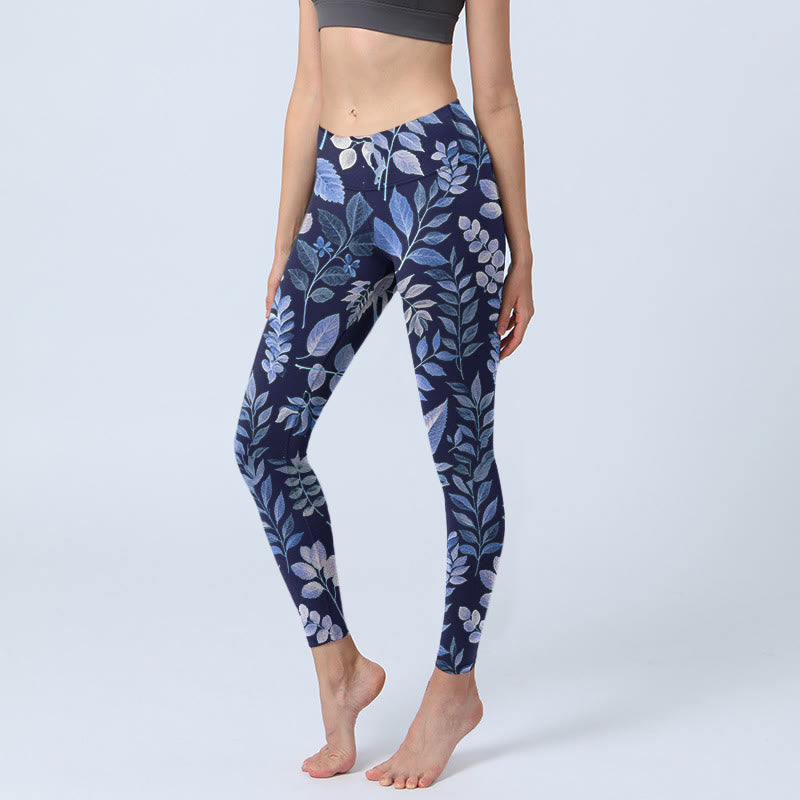 Leggings de sport imprimé feuilles violettes Buddha Stones pour femmes, pantalons de yoga - Bleu ardoise foncé - US18，UK/AU22，EU50 (4XL) - image 0