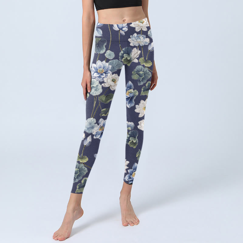Leggings de sport imprimés Buddha Stones, fleurs de lotus bleu et blanc, peinture à l'huile, pantalons de yoga pour femmes - image 5