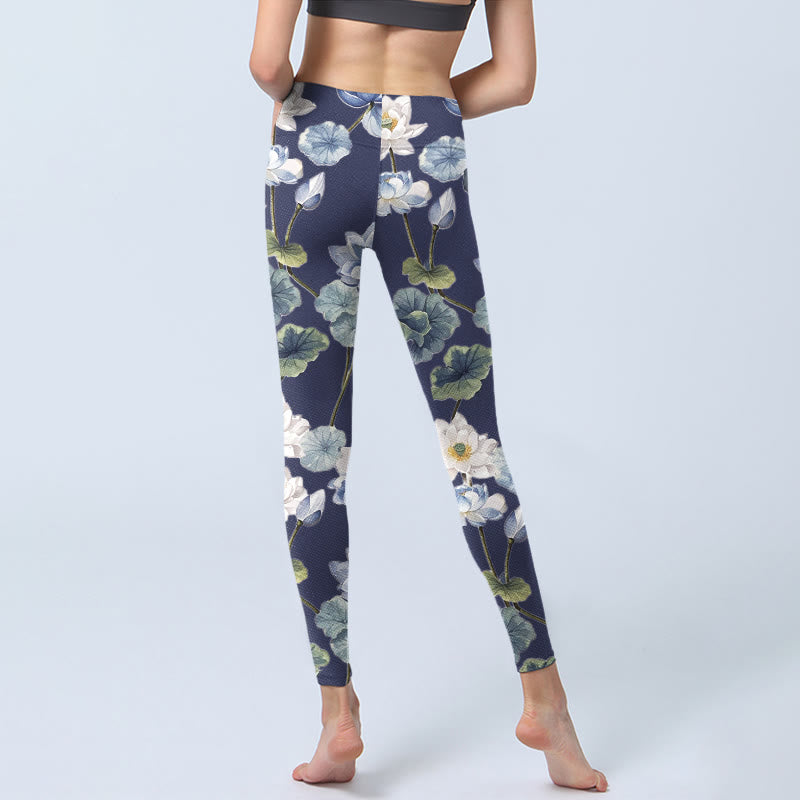 Leggings de sport imprimés Buddha Stones, fleurs de lotus bleu et blanc, peinture à l'huile, pantalons de yoga pour femmes - image 7