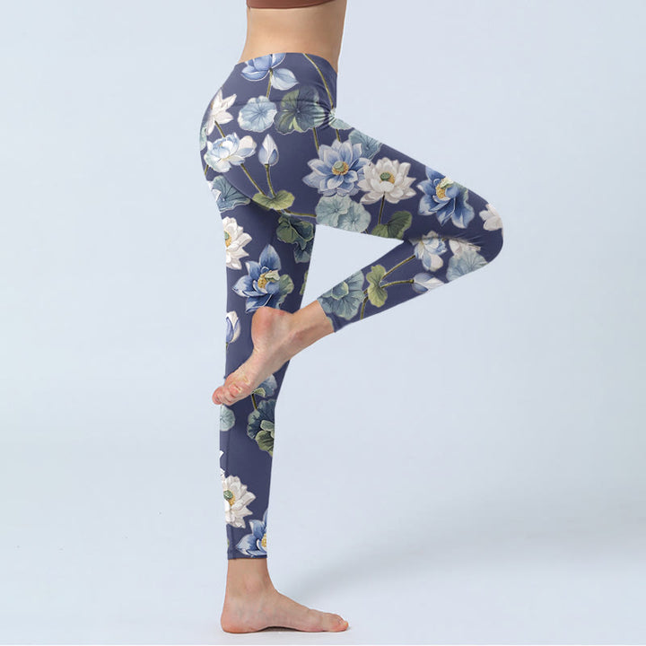 Leggings de sport imprimés Buddha Stones, fleurs de lotus bleu et blanc, peinture à l'huile, pantalons de yoga pour femmes - image 4