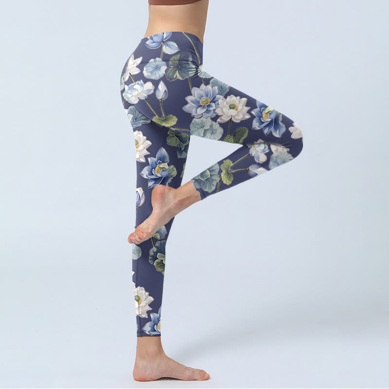Leggings de sport imprimés Buddha Stones, fleurs de lotus bleu et blanc, peinture à l'huile, pantalons de yoga pour femmes - image 3