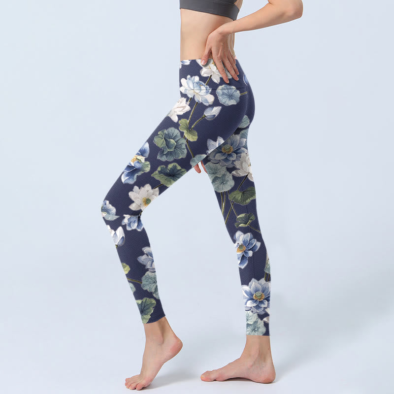 Leggings de sport imprimés Buddha Stones, fleurs de lotus bleu et blanc, peinture à l'huile, pantalons de yoga pour femmes - image 3