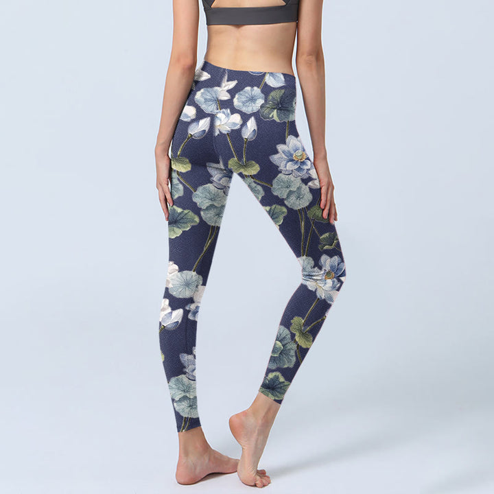 Leggings de sport imprimés Buddha Stones, fleurs de lotus bleu et blanc, peinture à l'huile, pantalons de yoga pour femmes - image 5