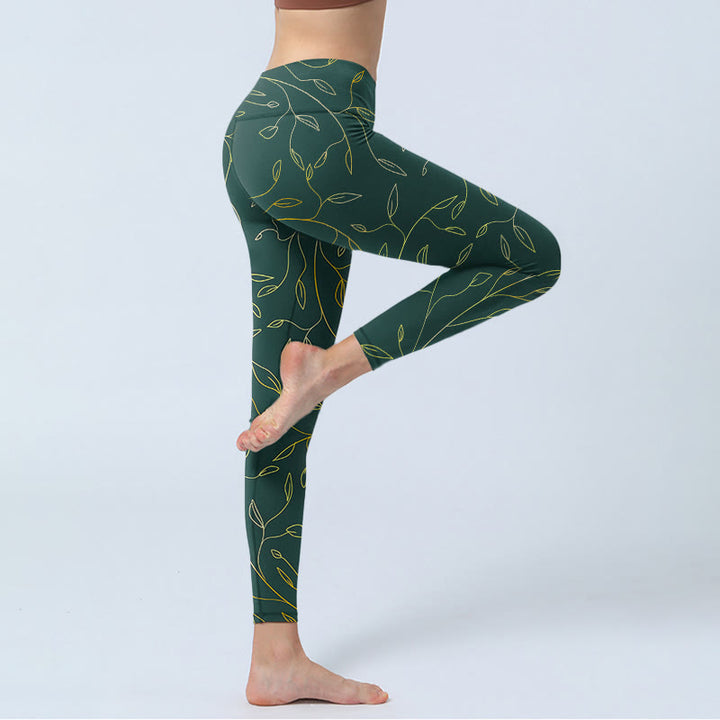 Leggings de sport imprimés Buddha Stones , feuilles vertes et dorées, pantalons de yoga pour femmes - image 3