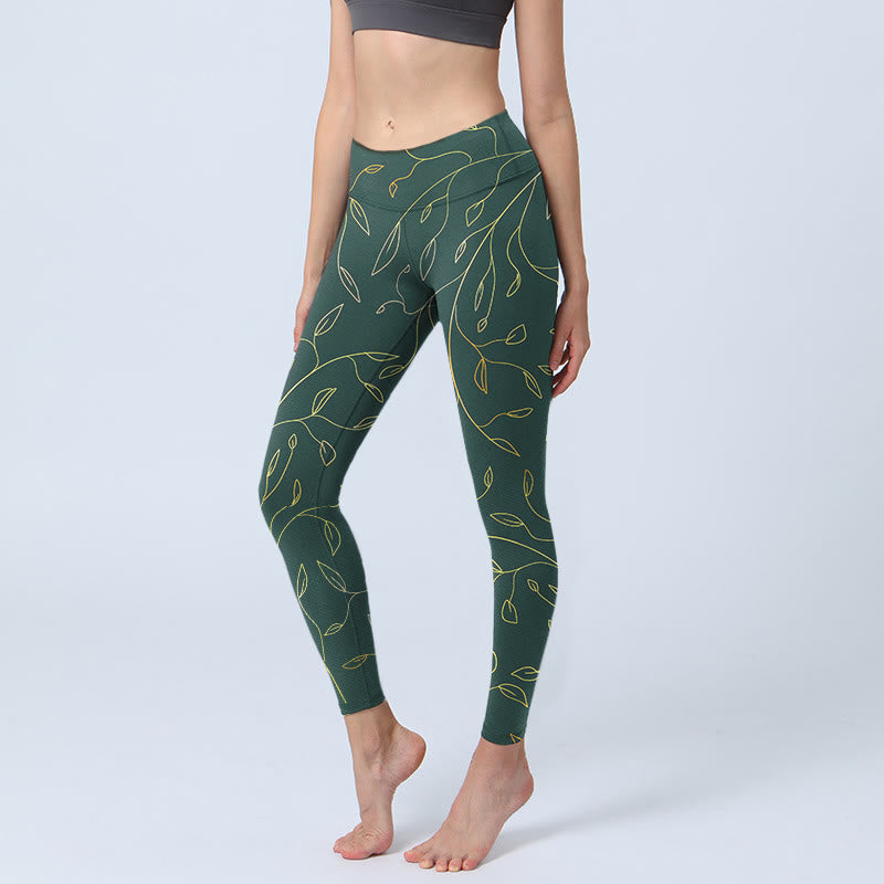 Leggings de sport imprimés Buddha Stones , feuilles vertes et dorées, pantalons de yoga pour femmes - Vert de mer - US18，UK/AU22，EU50 (4XL) - image 1