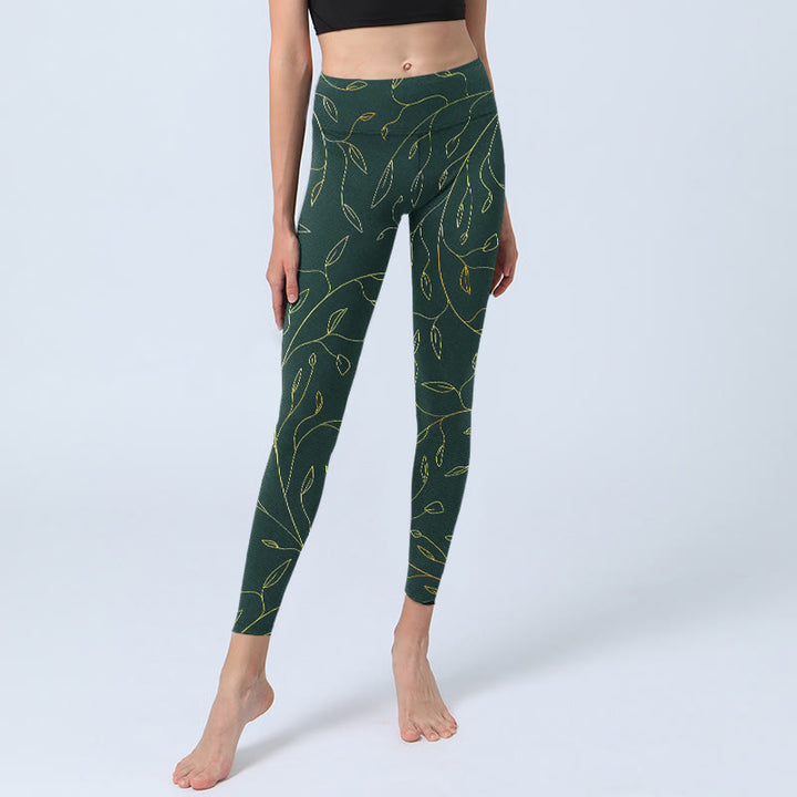 Leggings de sport imprimés Buddha Stones , feuilles vertes et dorées, pantalons de yoga pour femmes - image 6