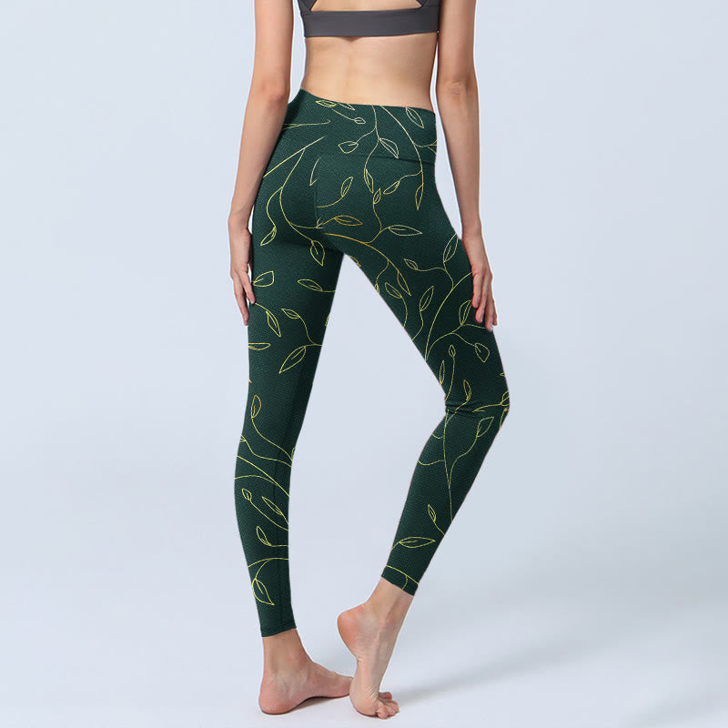 Leggings de sport imprimés Buddha Stones , feuilles vertes et dorées, pantalons de yoga pour femmes - image 5