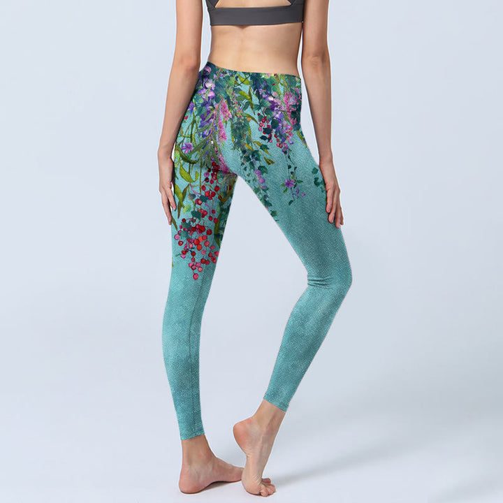 Leggings de sport à imprimé Buddha Stones , fleurs vibrantes et feuilles de saule vertes, pantalons de yoga pour femmes - image 5