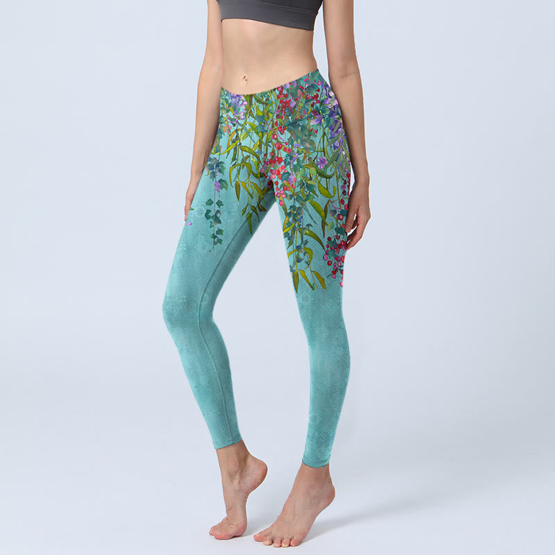 Leggings de sport à imprimé Buddha Stones , fleurs vibrantes et feuilles de saule vertes, pantalons de yoga pour femmes - Turquoise moyen - US18，UK/AU22，EU50 (4XL) - image 0