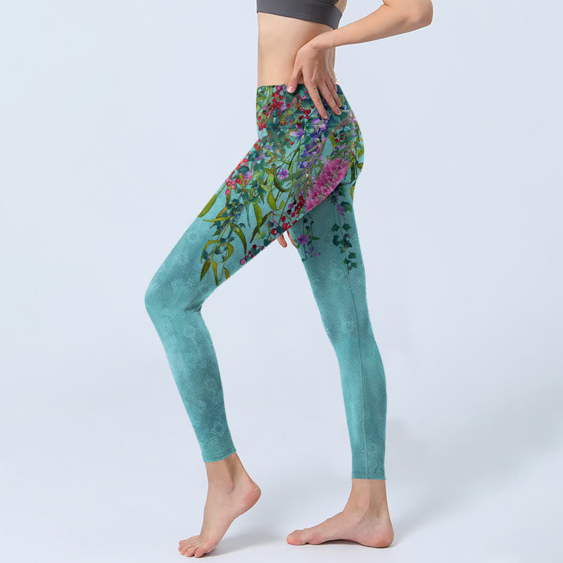 Leggings de sport à imprimé Buddha Stones , fleurs vibrantes et feuilles de saule vertes, pantalons de yoga pour femmes - image 3
