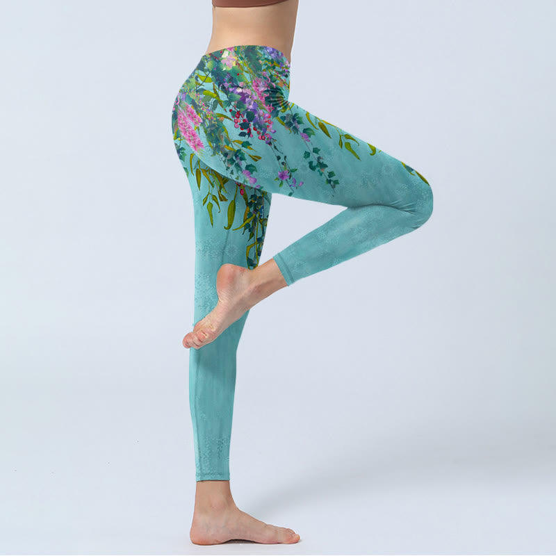 Leggings de sport à imprimé Buddha Stones , fleurs vibrantes et feuilles de saule vertes, pantalons de yoga pour femmes - image 3