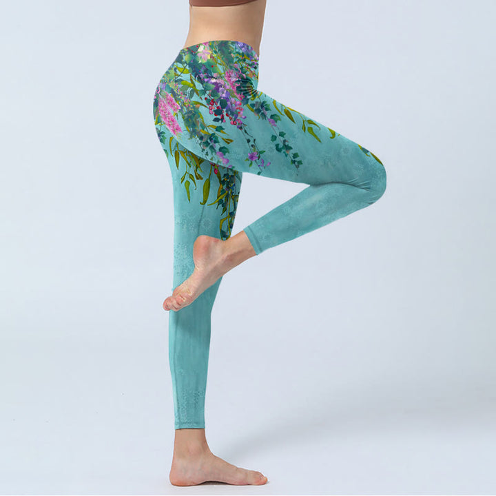 Leggings de sport à imprimé Buddha Stones , fleurs vibrantes et feuilles de saule vertes, pantalons de yoga pour femmes - image 3