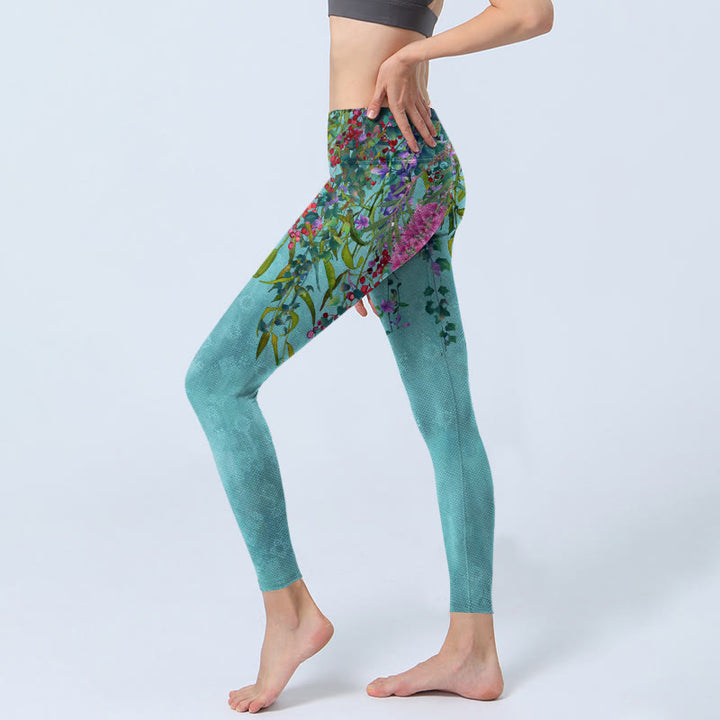Leggings de sport à imprimé Buddha Stones , fleurs vibrantes et feuilles de saule vertes, pantalons de yoga pour femmes - image 2