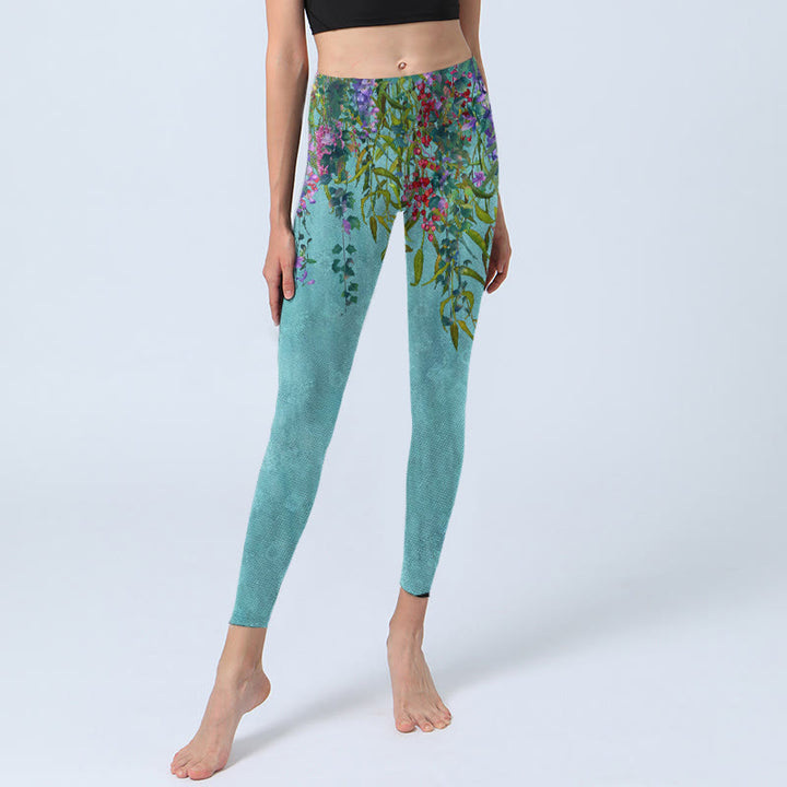 Leggings de sport à imprimé Buddha Stones , fleurs vibrantes et feuilles de saule vertes, pantalons de yoga pour femmes - image 5