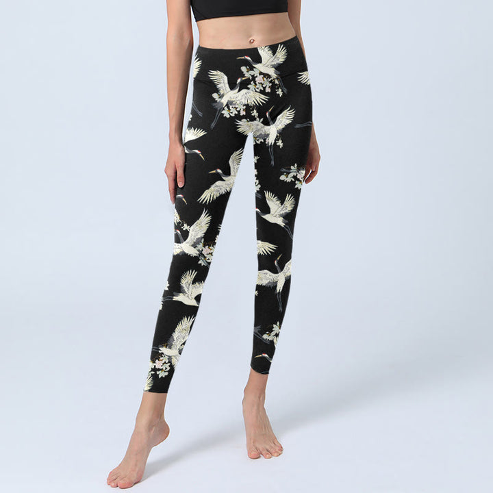 Leggings de sport à imprimé Buddha Stones, grues blanches et fleurs, pantalons de yoga pour femmes - image 6