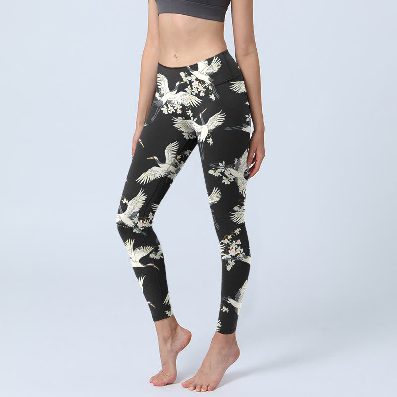 Leggings de sport à imprimé Buddha Stones, grues blanches et fleurs, pantalons de yoga pour femmes - Noir - US18，UK/AU22，EU50 (4XL) - image 1