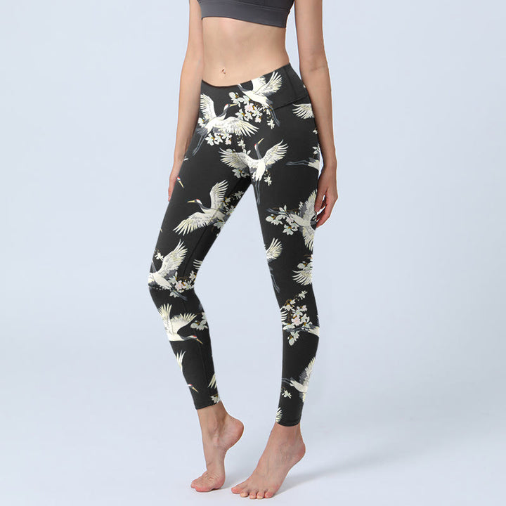 Leggings de sport à imprimé Buddha Stones, grues blanches et fleurs, pantalons de yoga pour femmes - Noir - US18，UK/AU22，EU50 (4XL) - image 1