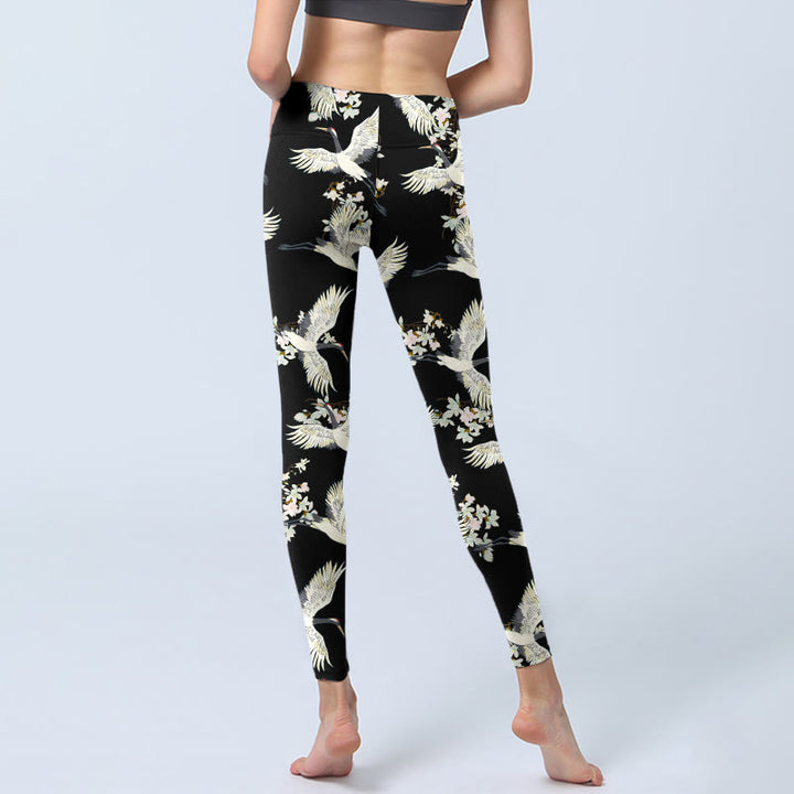 Leggings de sport à imprimé Buddha Stones, grues blanches et fleurs, pantalons de yoga pour femmes - image 7