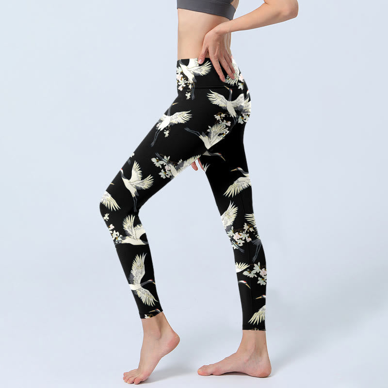 Leggings de sport à imprimé Buddha Stones, grues blanches et fleurs, pantalons de yoga pour femmes - image 3