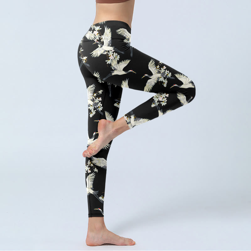 Leggings de sport à imprimé Buddha Stones, grues blanches et fleurs, pantalons de yoga pour femmes - image 4