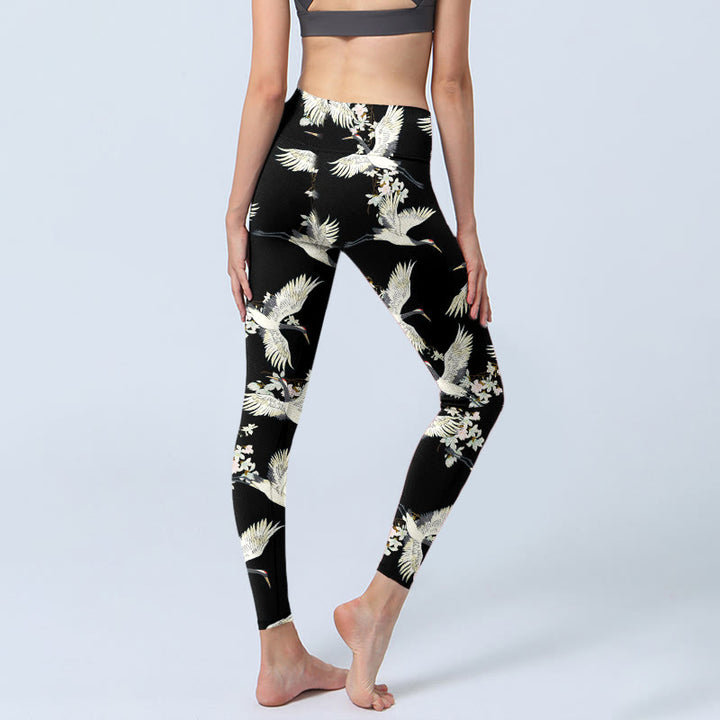 Leggings de sport à imprimé Buddha Stones, grues blanches et fleurs, pantalons de yoga pour femmes - image 4