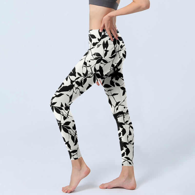 Leggings de sport imprimé feuilles noires Buddha Stones pour femme, pantalon de yoga - image 2