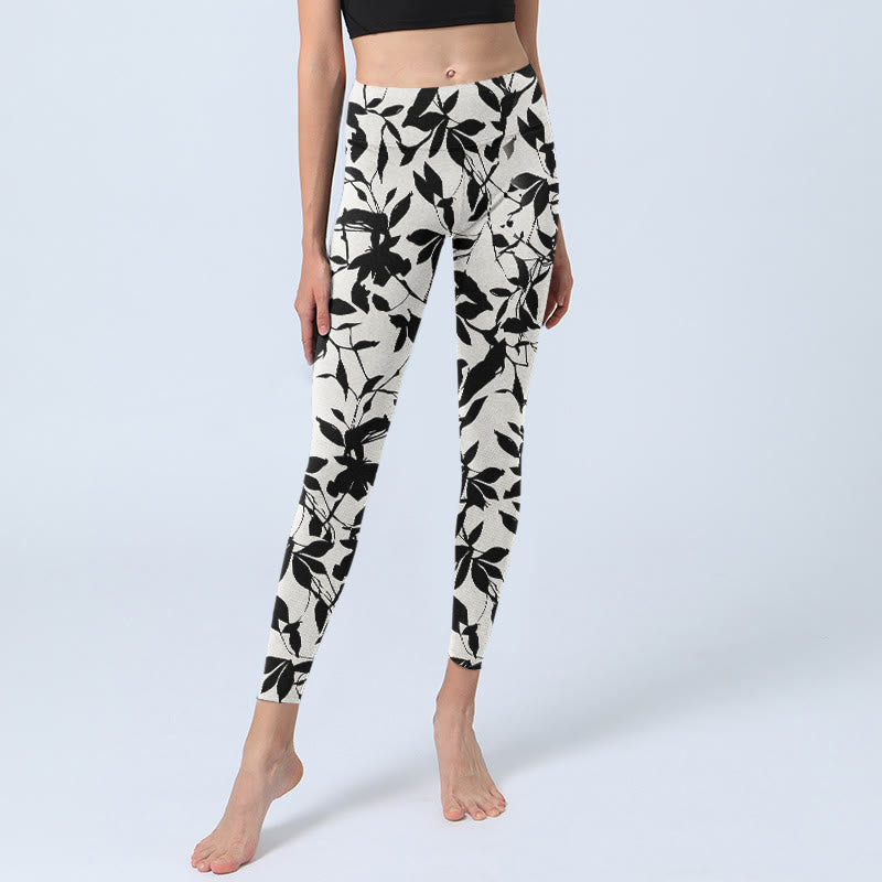 Leggings de sport imprimé feuilles noires Buddha Stones pour femme, pantalon de yoga - image 6