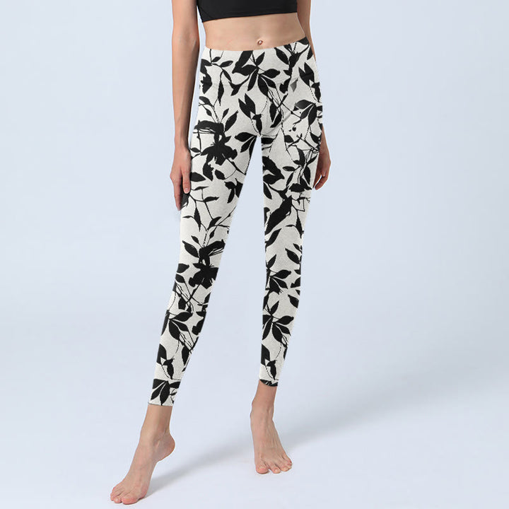 Leggings de sport imprimé feuilles noires Buddha Stones pour femme, pantalon de yoga - image 6