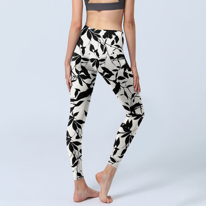 Leggings de sport imprimé feuilles noires Buddha Stones pour femme, pantalon de yoga - image 5