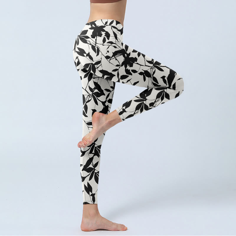 Leggings de sport imprimé feuilles noires Buddha Stones pour femme, pantalon de yoga - image 4