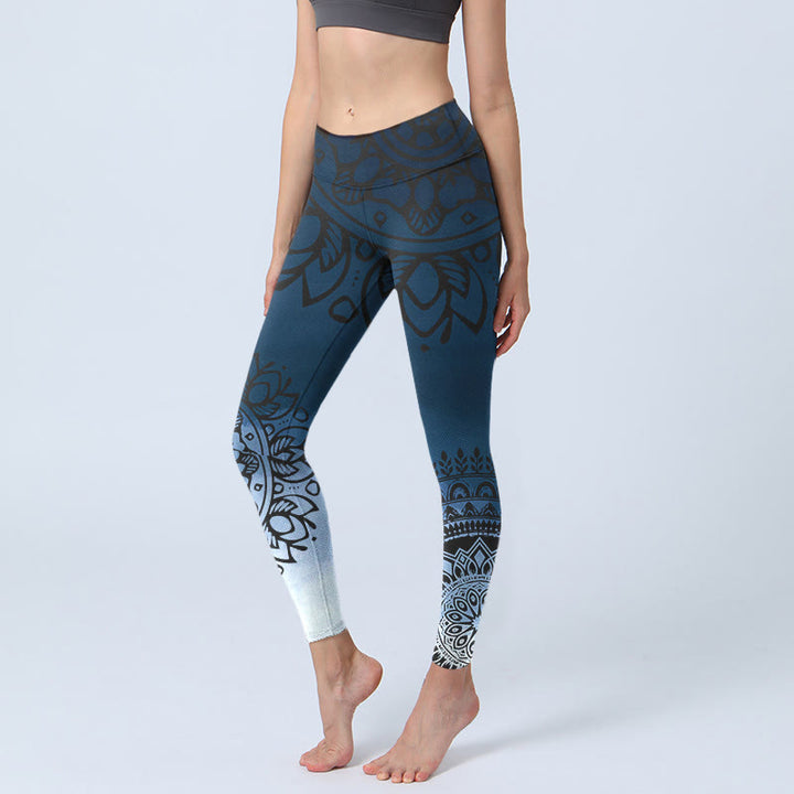 Leggings de sport à imprimé fleurs mandala circulaires et Buddha Stones pour femmes - Bleu acier - US18，UK/AU22，EU50 (4XL) - image 1