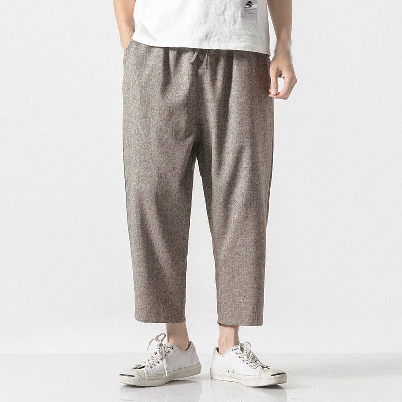 Pantalon d'été uni en coton et lin pour homme avec poches, longueur 7-8, Buddha Stones - image 2