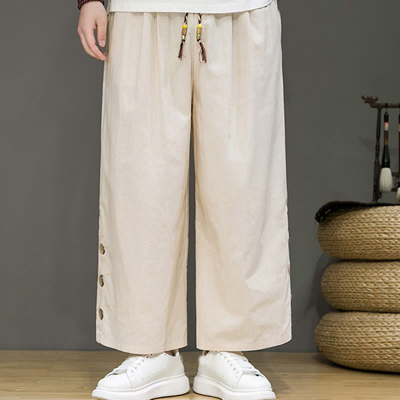 Pantalon droit pour homme avec poches et boutons en Buddha Stones de couleur unie et cordon de serrage - image 1
