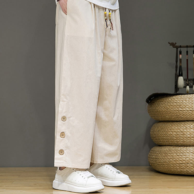 Pantalon droit pour homme avec poches et boutons en Buddha Stones de couleur unie et cordon de serrage - image 3