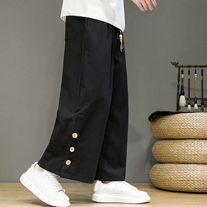Pantalon droit pour homme avec poches et boutons en Buddha Stones de couleur unie et cordon de serrage - image 14