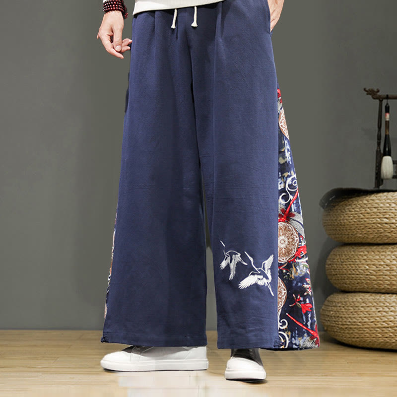 Pantalon large en coton et lin pour homme avec poches et broderies Buddha Stones et grue - Bleu acier - US/UK/AU46，EU56 (5XL) - image 1