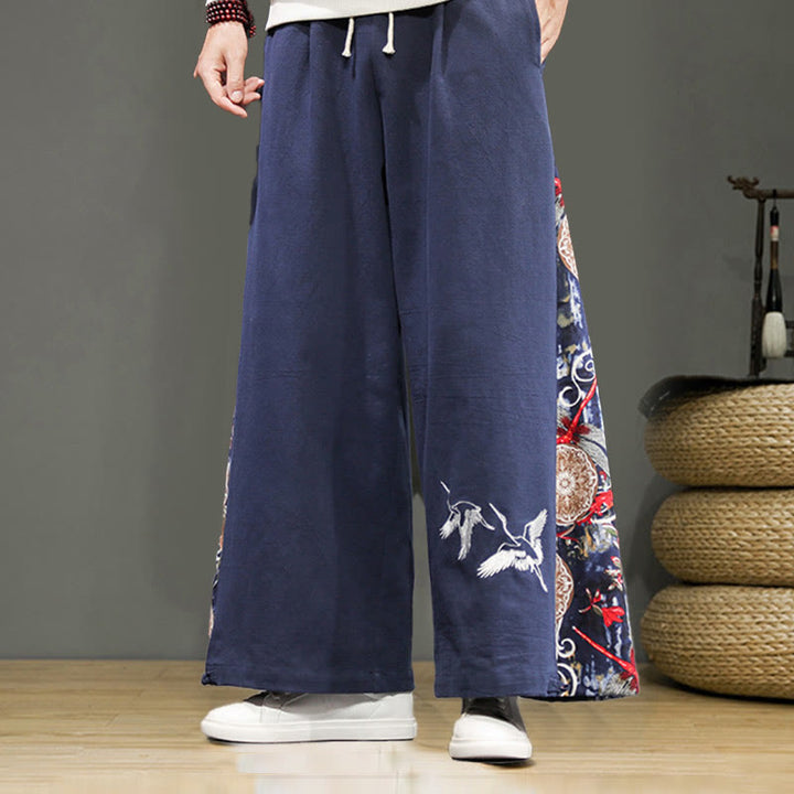 Pantalon large en coton et lin pour homme avec poches et broderies Buddha Stones et grue - Bleu acier - US/UK/AU46，EU56 (5XL) - image 1