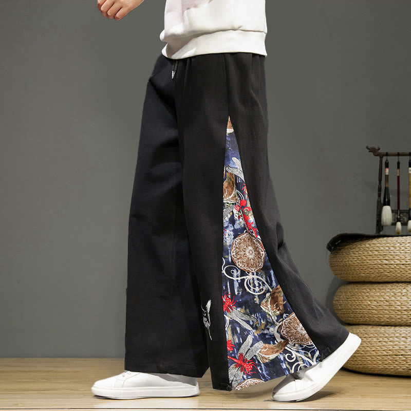Pantalon large en coton et lin pour homme avec poches et broderies Buddha Stones et grue - Noir - US/UK/AU46，EU56 (5XL) - image 9